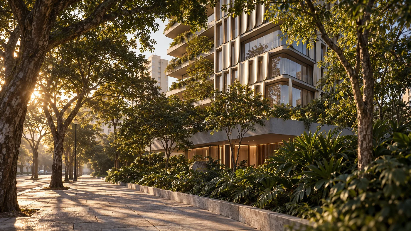 Calçada arborizada da alameda no fim da tarde, com a base da torre filtrada pelas copas