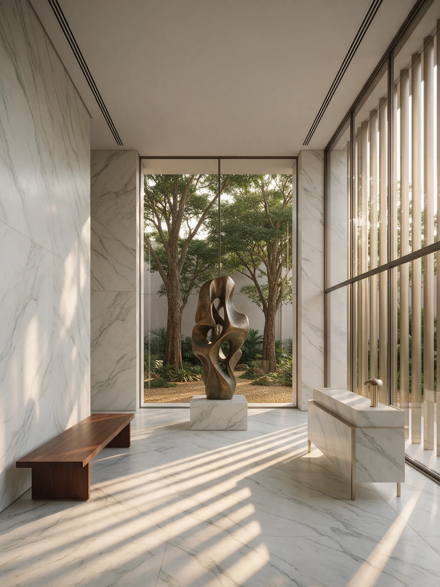 Lobby com pé-direito alto, paredes de pedra, banco de madeira e uma escultura diante do jardim