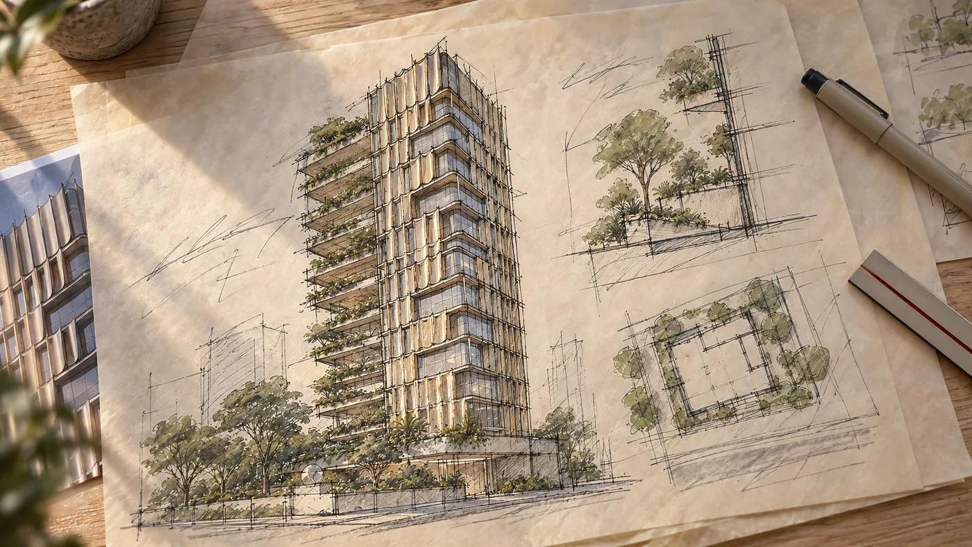 Croqui a nanquim e grafite sobre papel manteiga: a torre esbelta, o corte com o jardim e a planta girada