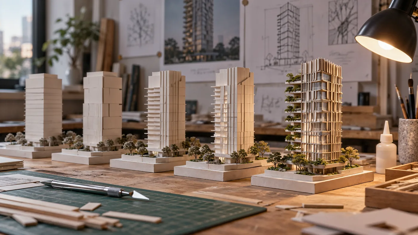 Cinco maquetes de estudo em papel e balsa, da volumetria bruta à torre final girada 12°